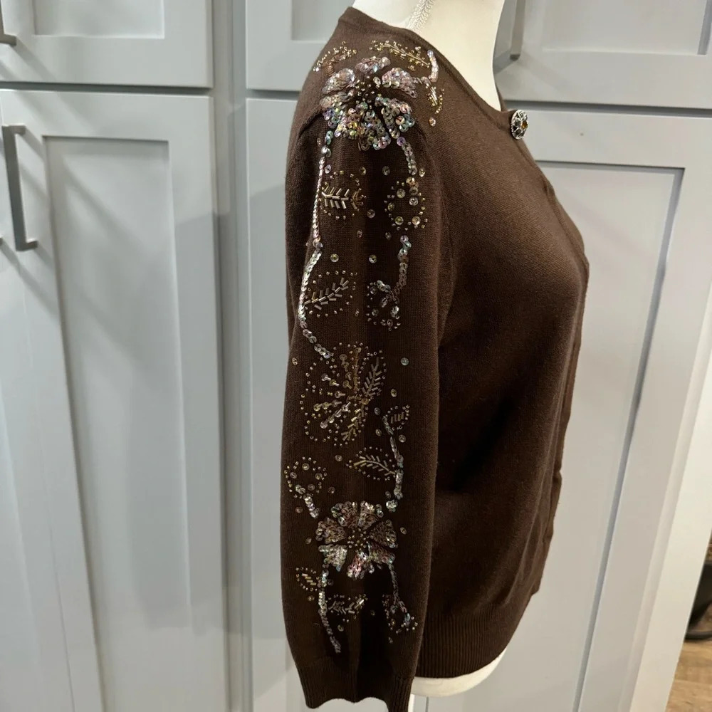 Classics Entier Beaded Wool Silk Cashmere Brown Hidden Snap Cardigan Large - Picture 3 of 10